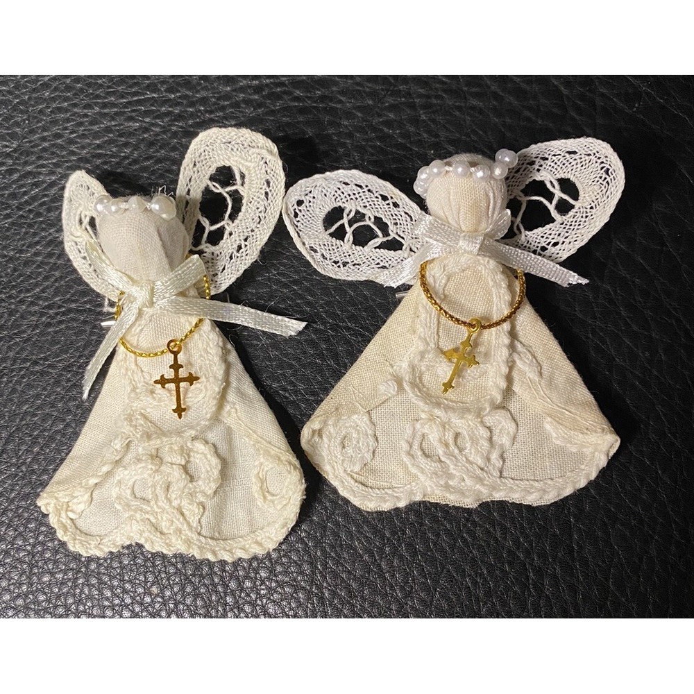 VNTG Lot 2 White Angels Linen Lace & Faux Mini Pearls Handmade Brooch/Ornaments